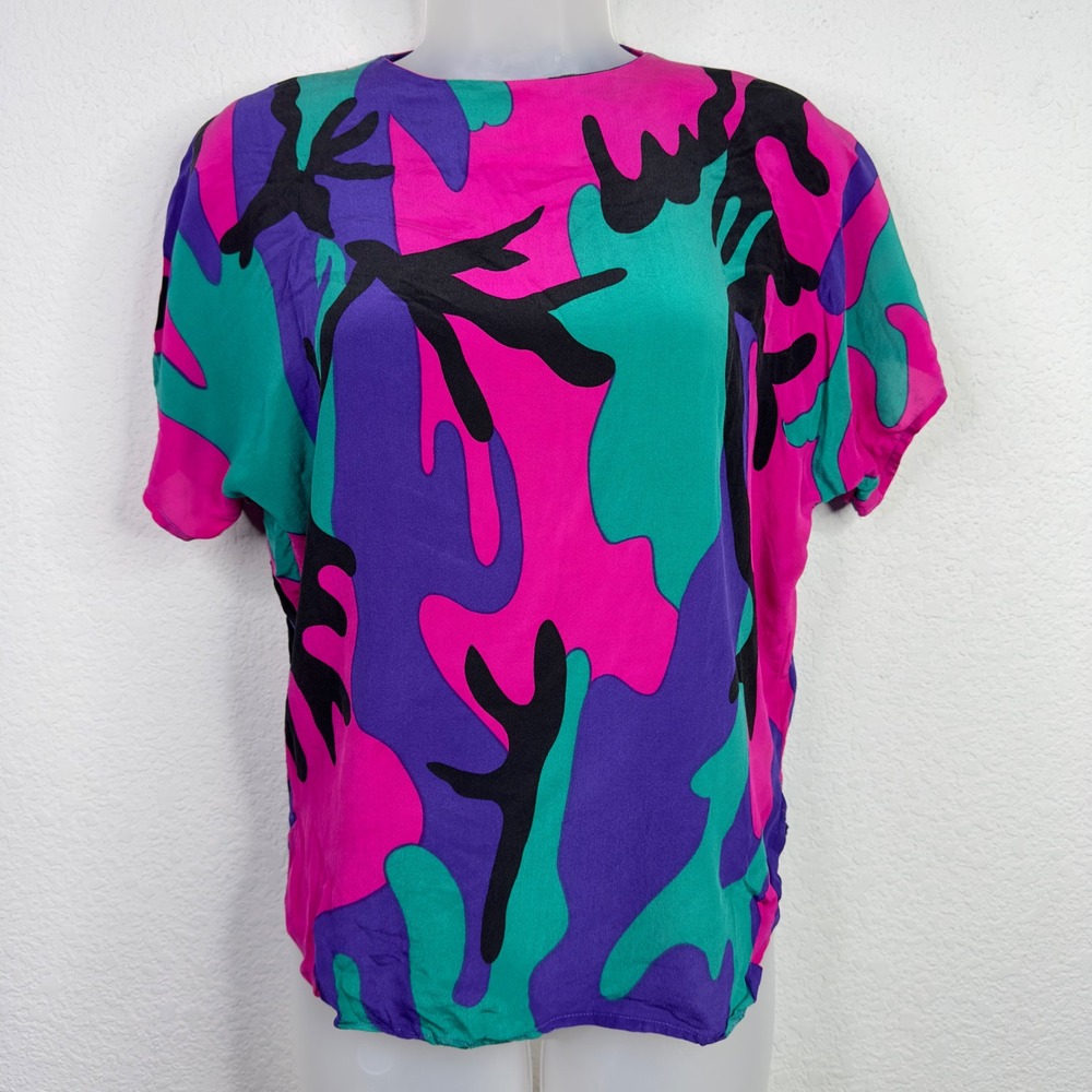 Vintage Flora Kung Shirt Womens 12 Pink Purple Silk‎ Abstract Bold Artsy 80s 90s
